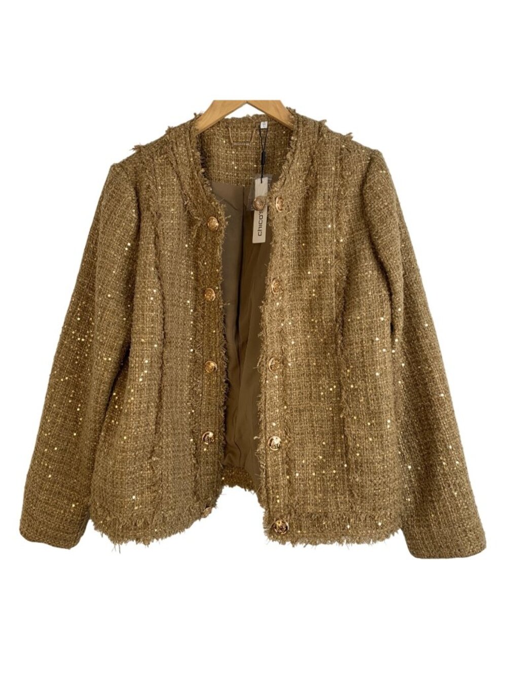 Chicos Gold Tweed Blazer Jacket Sequin Size L Raw Fringe Open Cold Weather NWT